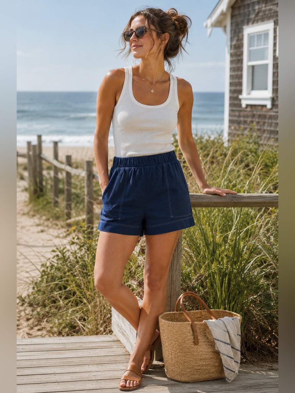 Free People Beach Navy Cotton Pull On Shorts Elastic Waist Pockets Size L&S